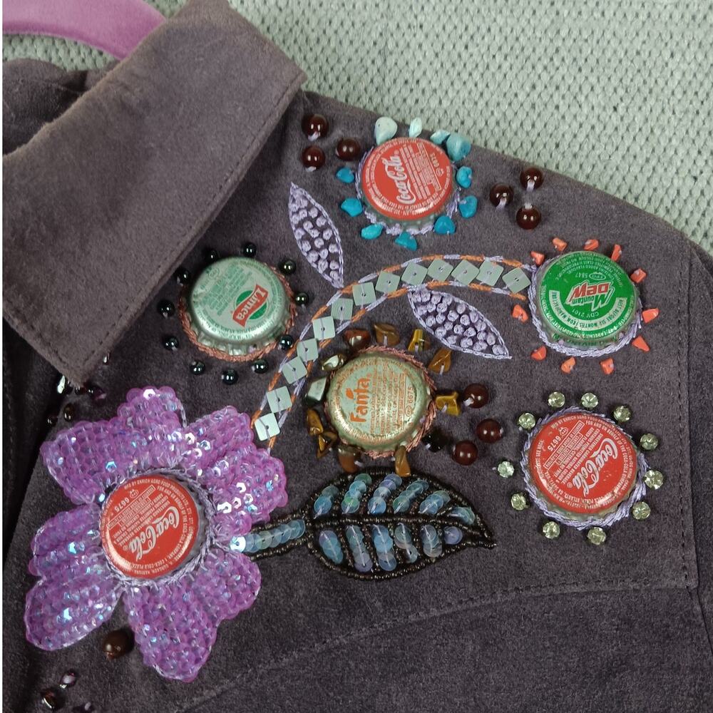 Double D Ranch Vintage Leather Shirt Jacket Women L Purple Bottle Cap Pearl Snap - Picture 7 of 15